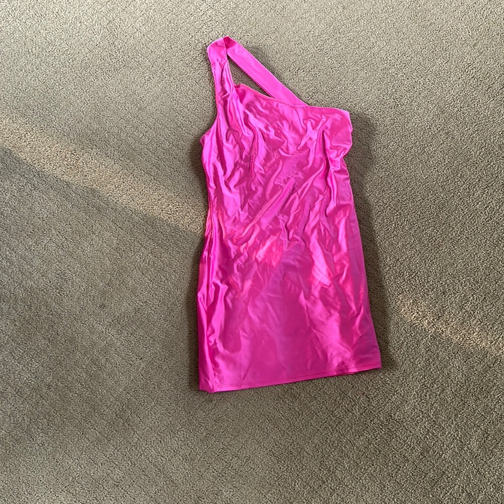 hot pink semi formal dress. one shoulder, with kind of an open back as shown
